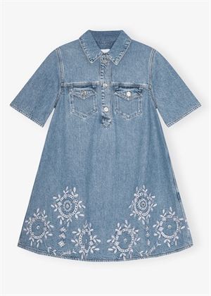 Broderie Anglaise denim mini kjole Light Blue Stone J1694 Ganni 